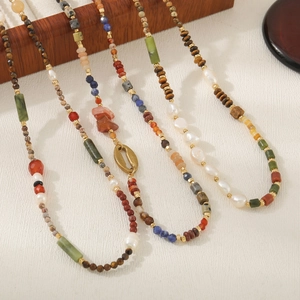 Vintage Bohemian Natural Stone Beaded Necklace For Women Freshwater Pearl Tiger Eye Real Gold Plated Copper Choker Jewelry
