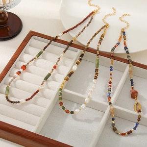 Retro vintage tiger eye and freshwater pearl necklace with colorful natural stone beads