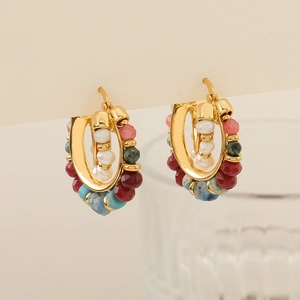 French vintage C-shaped gold earrings with colorful beads and white pearls for women