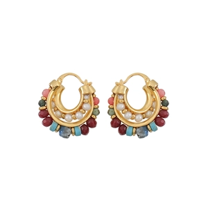 French vintage gold C-shape earrings with colorful beads and pearls on white background