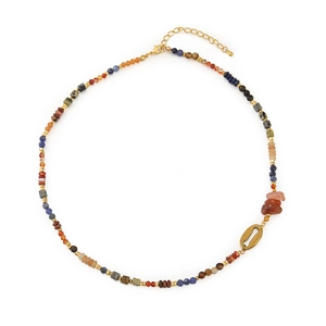 Vintage style natural stone necklace with tiger eye beads and freshwater pearls for women