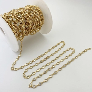 DIY gold plated 4mm cubic zirconia bead chain on white spool for jewelry making