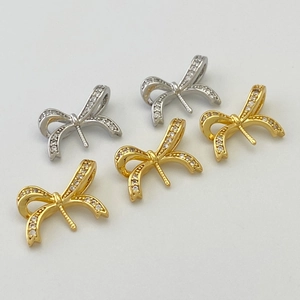 DIY Jewelry Findings Copper 18K Gold Plated Pave Zirconia Bowknot Crown Artificial Pearl Bail Connector Pendant Accessories For Women