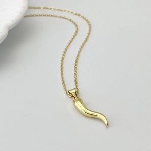 Detail of elegant gold cornicello chili pendant necklace with polished finish on white shell