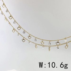 Detail of double-layer gold chain necklace with hollow hearts and zircons weighing 10.6g