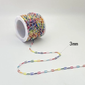 Detailed macro view of 3mm colorful paperclip chains on a spool for DIY jewelry