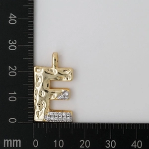 Detailed size view of letter E pendant showing 21mm height and zircon settings
