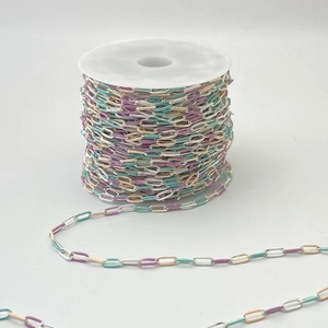 Macro detail of colorful pastel enamel metal oblong chain links for DIY jewelry making