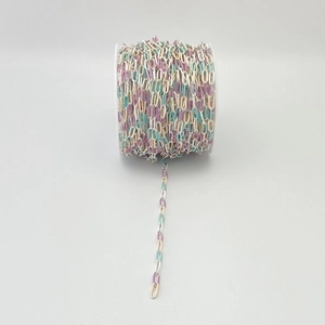 Detail of colorful oval link chain on white spool for DIY necklace and bracelet jewelry