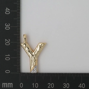 Macro shot of gold letter Y pendant with hammered texture and cubic zirconia on scale