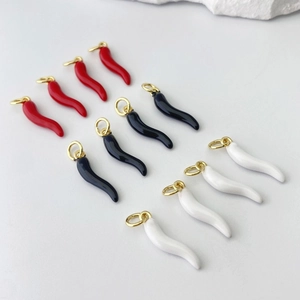 Italian style cornito chili pendant set in red, black and white enamel with gold rings