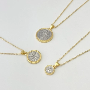 Saint Benedict medal necklace set in gold and silver finish with cross chain