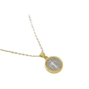 Two-tone Saint Benedict medal pendant necklace in gold and silver finish with fine chain