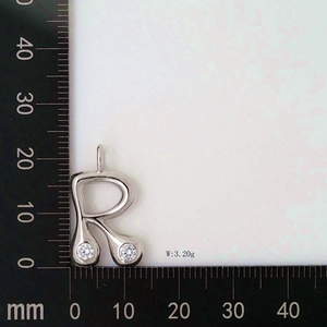 Detailed size and 3.20g weight measurement of silver R letter pendant with clear zircons