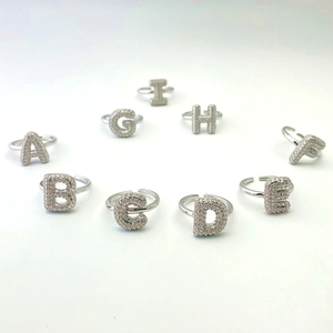 Silver open rings featuring A to I alphabet letters paved with cubic zirconia stones