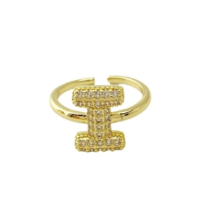 Adjustable golden letter I ring with shimmering pavé zircon stones on white background