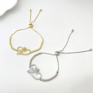 Adjustable heart and rose charm bracelet with sparkling zircons in gold and silver finish