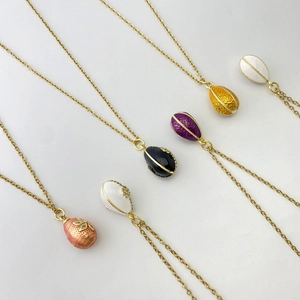 Collier Pendentif Œuf de Style Fabergé pour Femme Cuivre Émail Strass Géométrique Vintage Bijoux d'Œuf de Pâques Chaîne