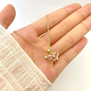 Gold Plated Copper Heart Pendant Necklace With Cubic Zirconia For Women Sweet Planet Lock Key Clavicle Chain Jewelry Gift