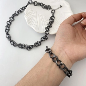 Parure de Bijoux en Cuivre Style Industriel Vintage Grosse Chaîne Collier Et Bracelet Noir de Fusil Argent pour Unisexe