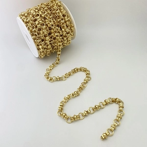 Detail der klobigen goldenen Gliederkette mit Mauerstruktur auf einer weißen Spule