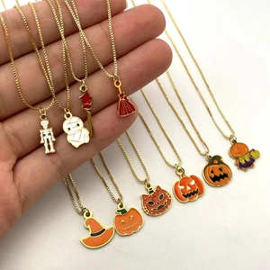 Halloween stainless steel necklace with colorful pumpkin and ghost charms in gold finish