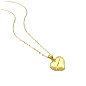Polished gold heart pendant necklace featuring unique baseball stitch texture on fine chain