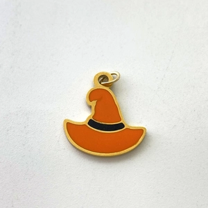 Detail of wizard hat pendant with orange and black enamel finish for Halloween necklace