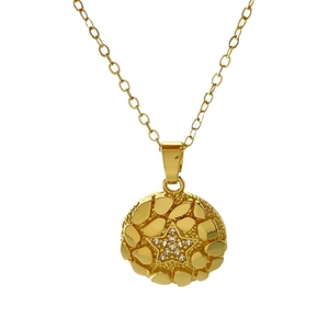 Star engraved circular gold necklace with micro-pave cubic zirconia on white background