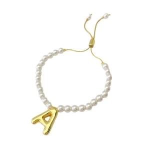 Vintage acrylic pearl bracelet with gold puff letter A pendant and adjustable chain