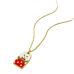 Golden necklace with festive white cat in red polka dot bag pendant for Christmas