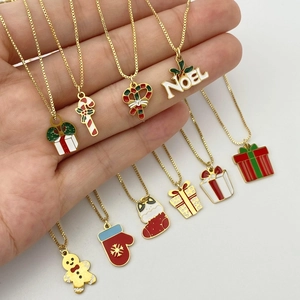Christmas themed gold plated stainless steel enamel pendants on gift necklaces