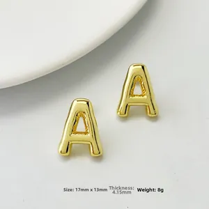 Detailed view of gold letter A earrings showing dimensions 17mm by 13mm and 8g weight