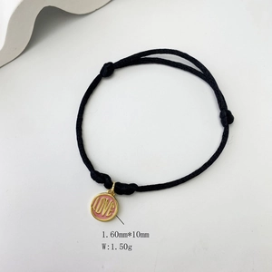 Detail view of woven black cord bracelet with pink enamel LOVE charm and dimensions