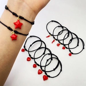 Handmade Woven Cord Bracelet With Red Enamel Heart Star Chili Cherry Charms Adjustable Simple Fashion Jewelry Gift For Women