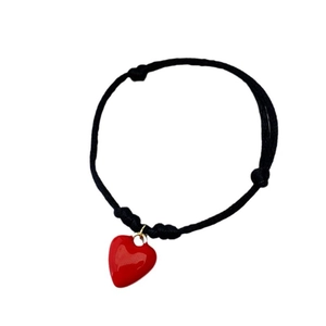 Handmade black woven rope bracelet with a glossy red heart charm and adjustable knots