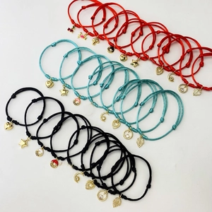 Handmade woven cord bracelets with gold pendants heart moon and leaf charms set