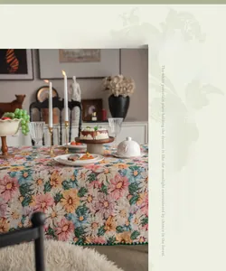 Detailed macro view of retro floral cotton tablecloth with 3D embroidery lace edge