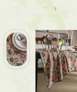 Close-up of vintage floral jacquard tablecloth with intricate woven flower patterns