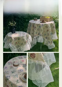 Macro detail of vintage floral jacquard tablecloth with white lace ruffle edge finish