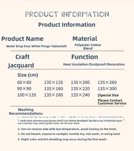 Detailed size chart and care guide for jacquard tassel tablecloth with material info
