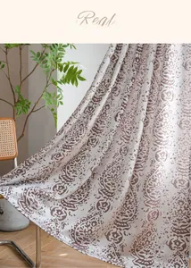 Close-up of beige nordic curtain with brown 3D embossed drop jacquard fabric texture