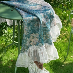 European vintage floral jacquard tablecloth with lace ruffle trim in Monet blue