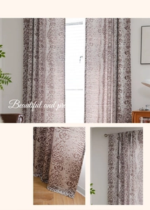 Detailed macro view of retro brown damask jacquard weaving on semi-shading curtains
