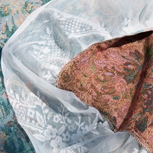 Classic blue Monet oil painting floral lace tablecloth with jacquard weave and ruffled edges