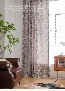 Detail of grey and brown floral jacquard curtains with premium 3D relief texture design