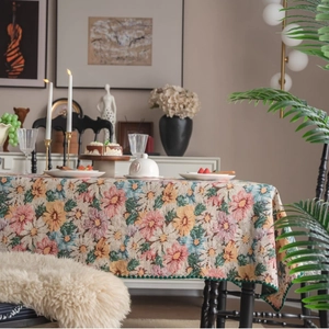 French vintage floral jacquard tablecloth with textured flower pattern for dining table