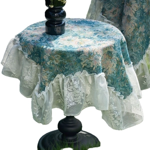 European style blue floral jacquard round tablecloth with elegant white lace trim