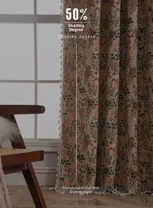 Detail of bohemian floral curtain with fringe edges showing 50% shading cotton linen texture