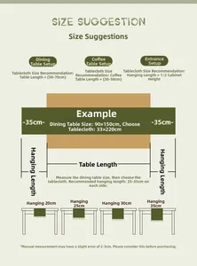 Table runner size guide with detailed measurement suggestions for dining table and TV cabinet